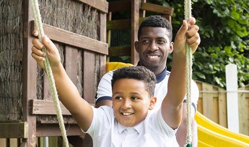 man and son on swings