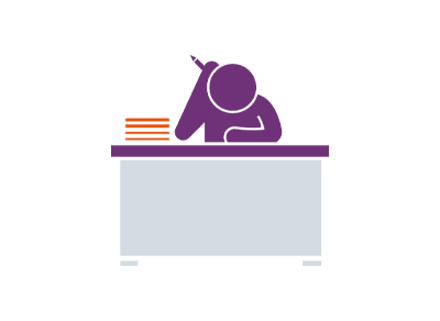 Purple icon of figure sat at desk looking stressed