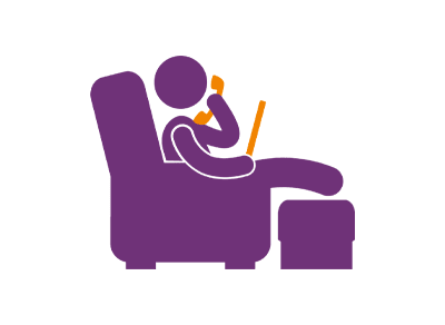 Purple icon of figure sat in arm chair on the phone