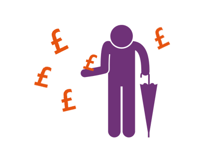 Purple icon of figure holding umbrella and looking sad